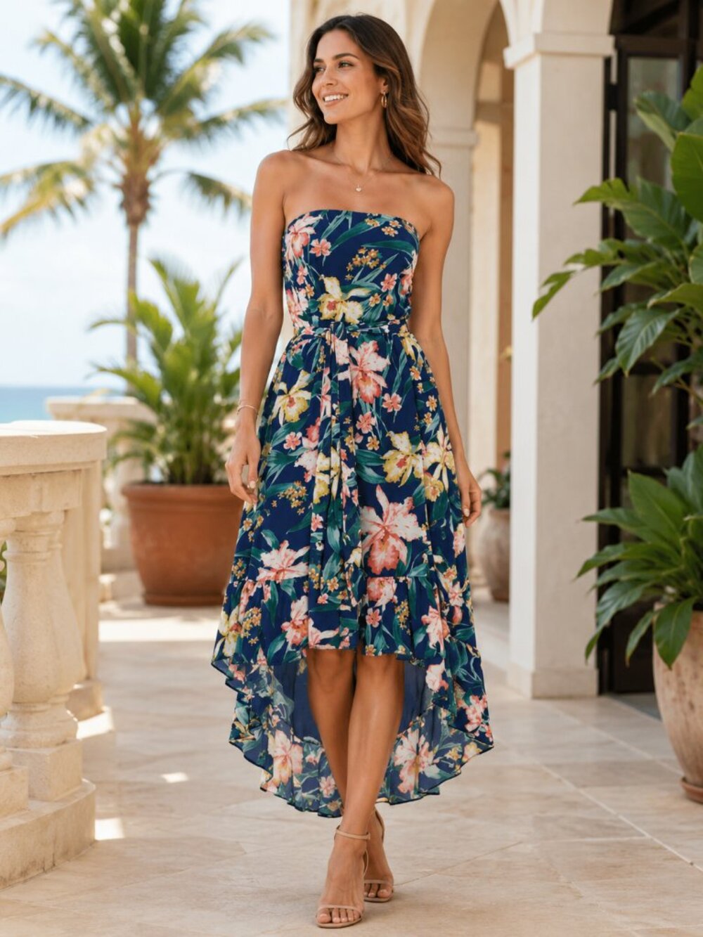 Sweet Pea NY & Co Strapless Floral High Low Midi Dress Small New